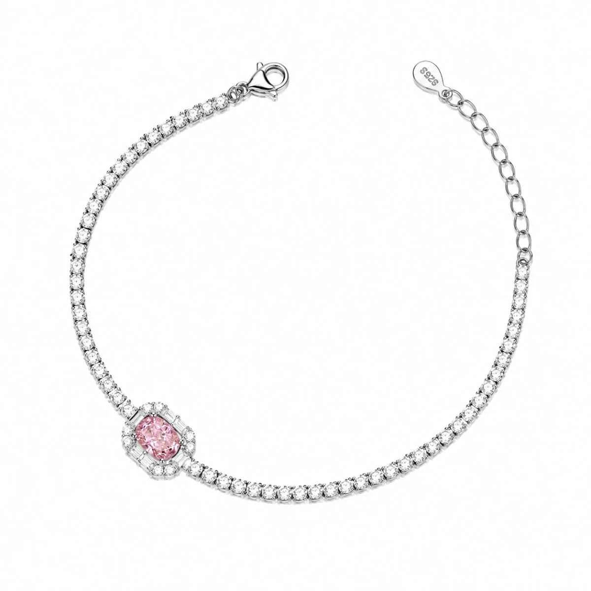 925 silver bracelet with pink round gemstone and clear pavé stones