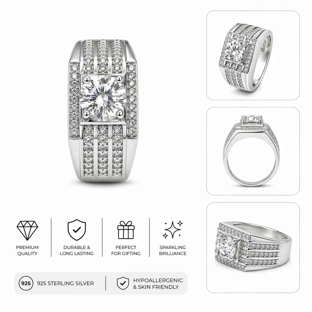 Sterling silver square halo ring with brilliant center stone and pavé band