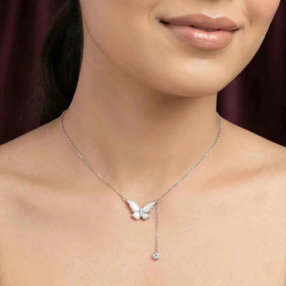 Butterfly Drop Charm Necklace - 925 Silver Jewelery