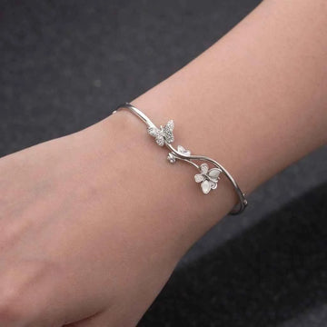 Butterfly & Floral Vine Sterling Cuff Bracelet for Women