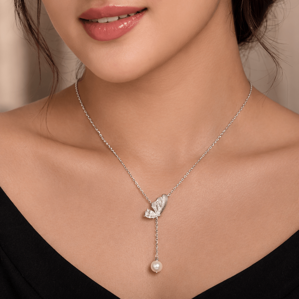 Butterfly Pearl Drop Necklace – Minimalist Charm with Crystal Accent - Silvorn India