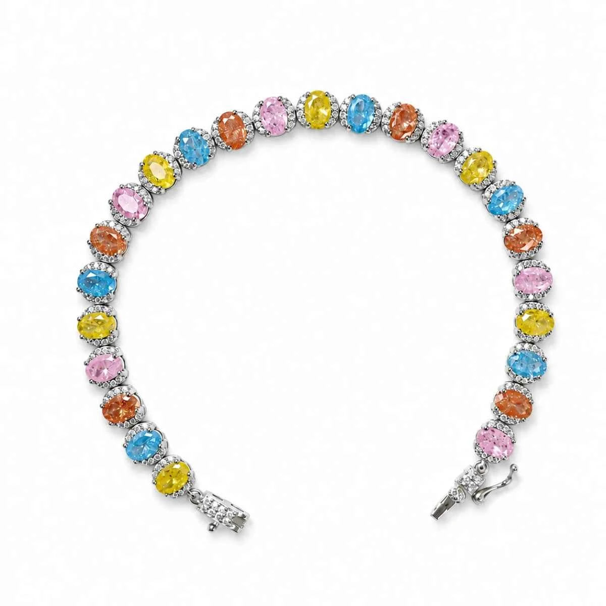 Pastel tennis bracelet featuring round multicolor gemstones and silver end links