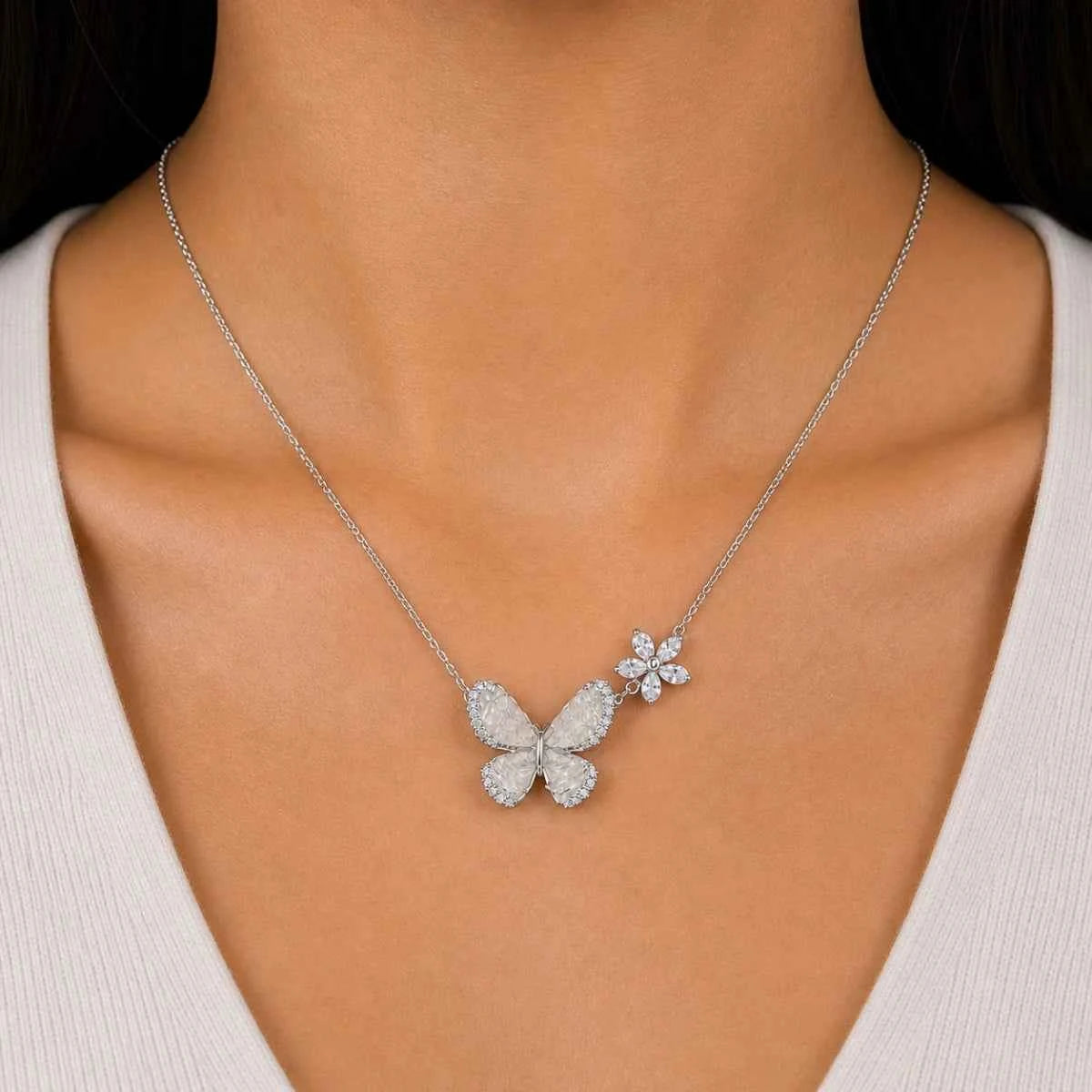 925 silver butterfly charm necklace with two glittering butterfly charms