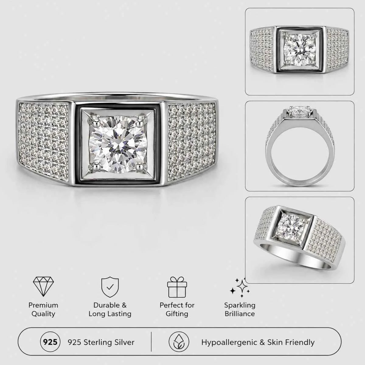 Sterling silver ring with rectangular bezel center stone and pavé side band