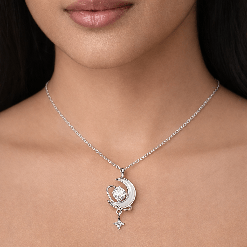 Celestial Crescent Sparkle Pendant Necklace - Silvorn India