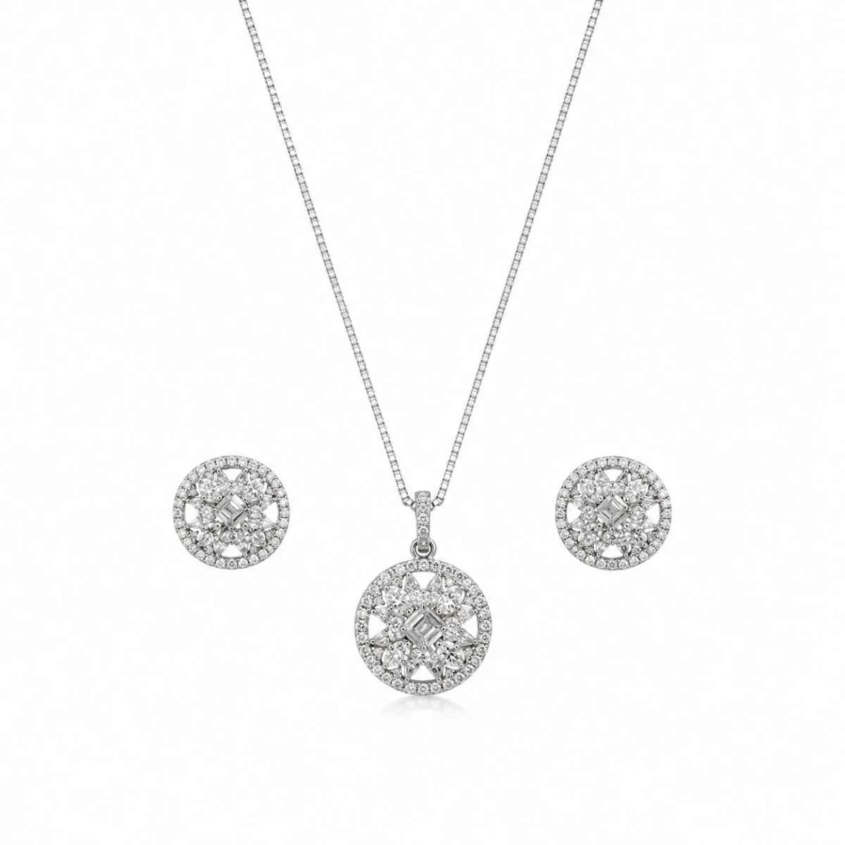 925 silver round crystal pendant necklace with matching stud earrings set
