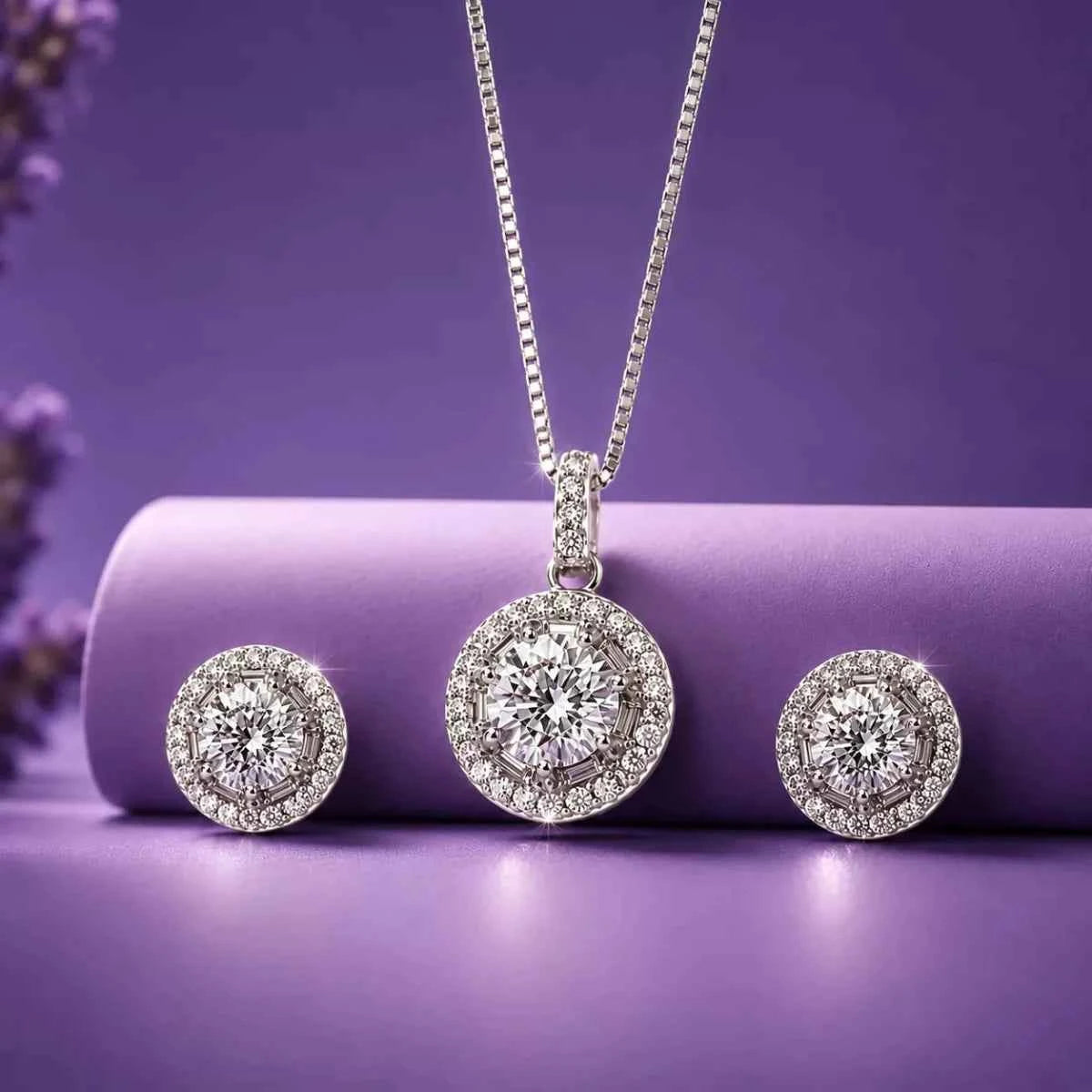 925 silver circular halo pendant with two matching round halo stud earrings on display