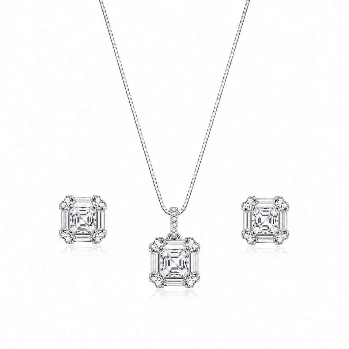 Silver necklace pendant with square cut crystal and matching square crystal stud earrings