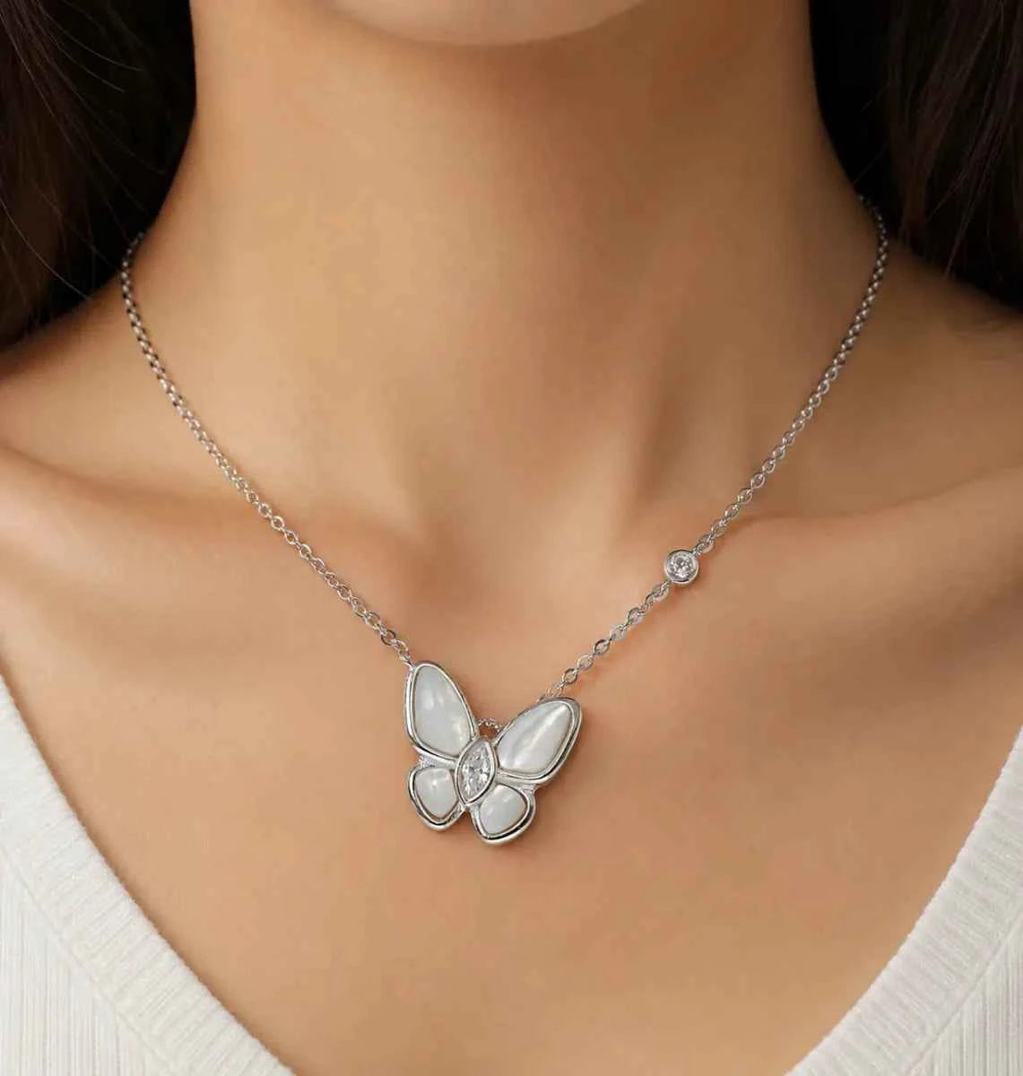925 silver butterfly pendant necklace with iridescent mother-of-pearl center and stones