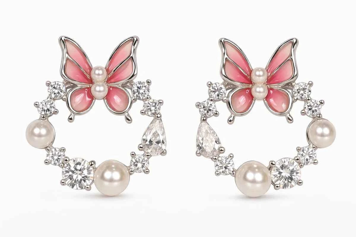 Elegant Butterfly Pearl & Zircon Hoop Earrings in Finish