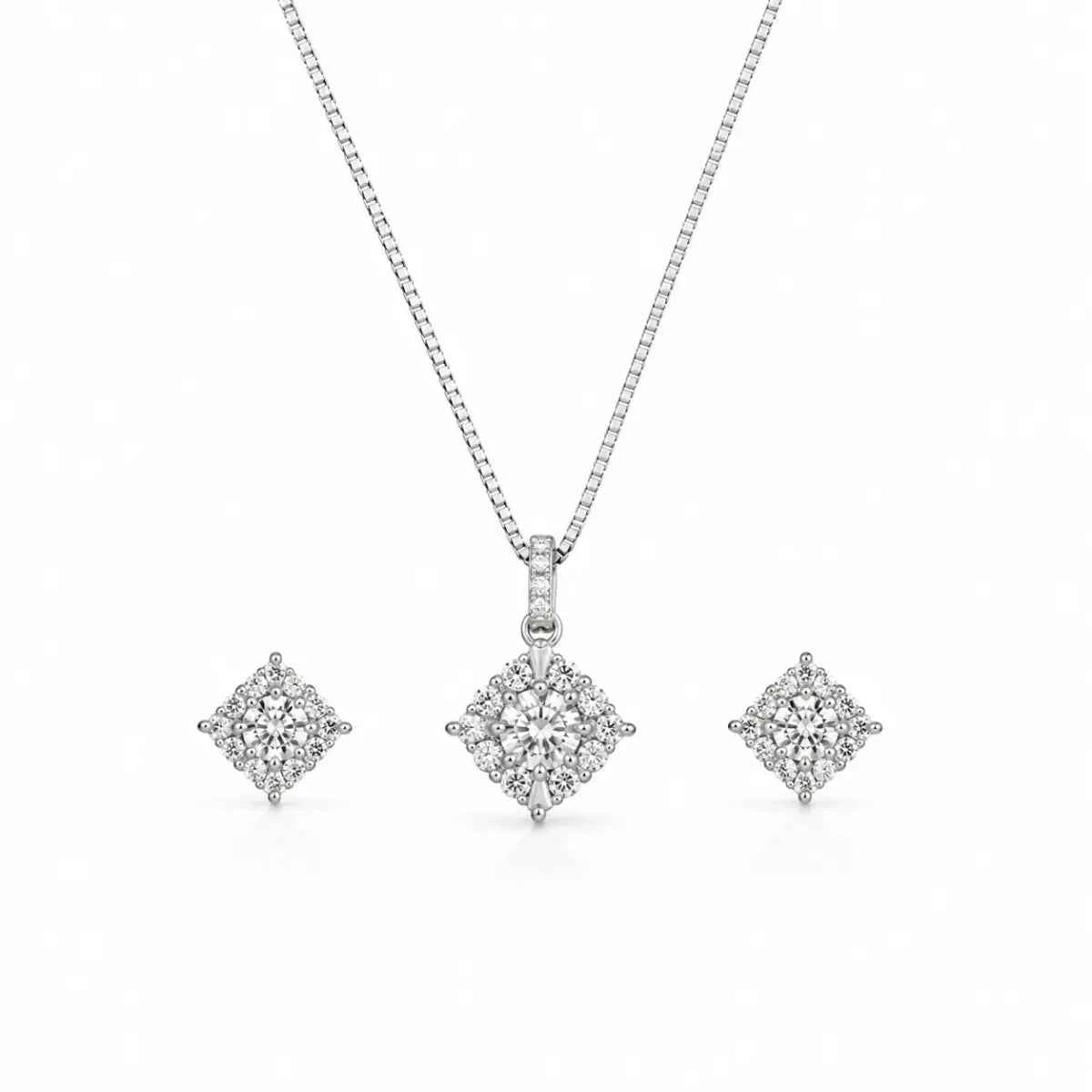 925 silver necklace pendant with cushion-cut crystals and matching stud earrings