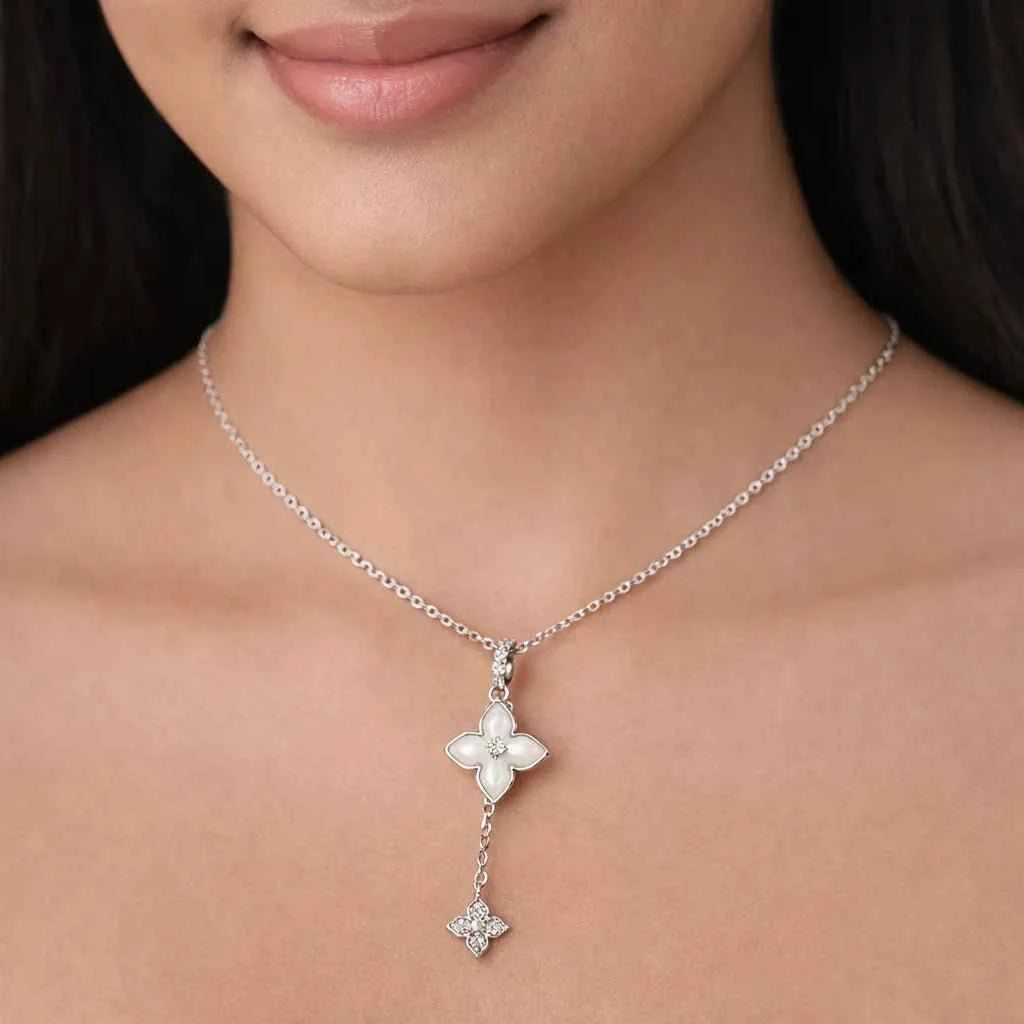 Elegant Dual Floral Drop Pendant Necklace - Silvorn India