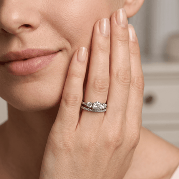 Elegant Dual Ring Set with Round - Cut Center Stone & Pave Band in White Metal - Silvorn India