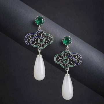 Elegant Green Crystal & Mother-of-Pearl Drop Earrings in Sterling