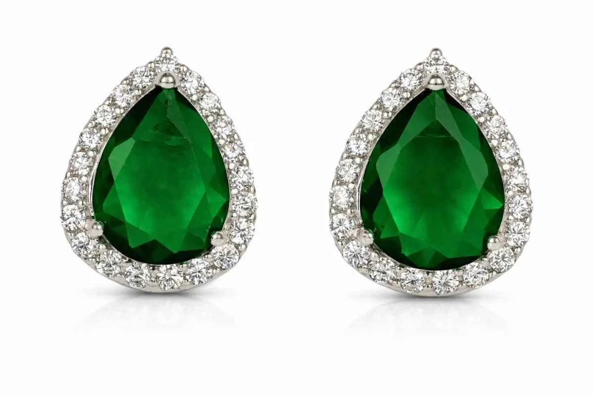 Elegant Pear-Cut Green Stone Halo Stud Earrings