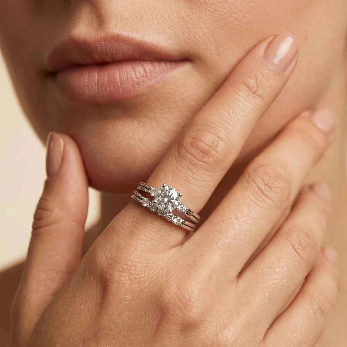 Elegant Round Solitaire Sterling Silver Ring Set with Accent Stone Band - Silvorn India