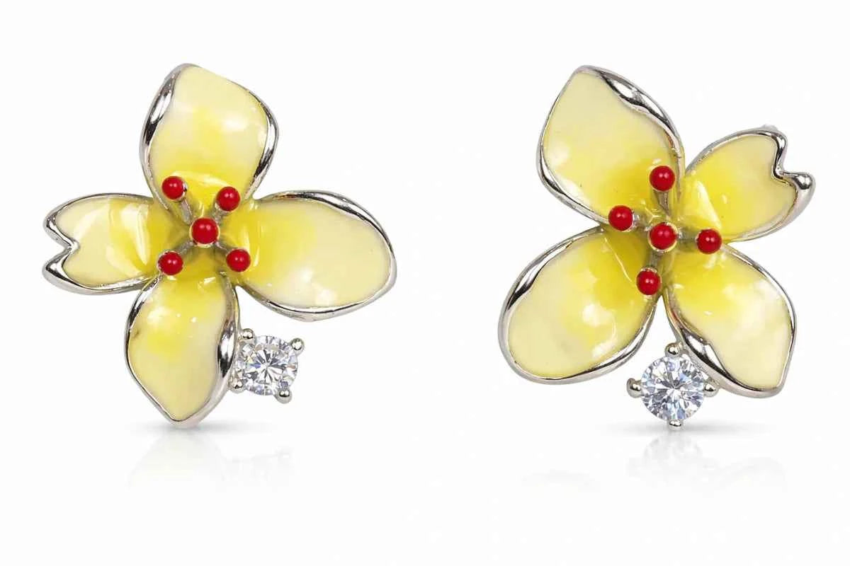 Elegant Yellow Enamel Floral Stud Earrings with Crystal Accent