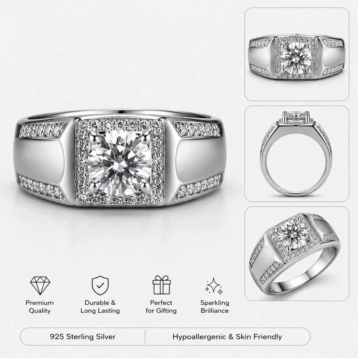 Sterling silver rectangular band ring with diamond-like center and prong setting