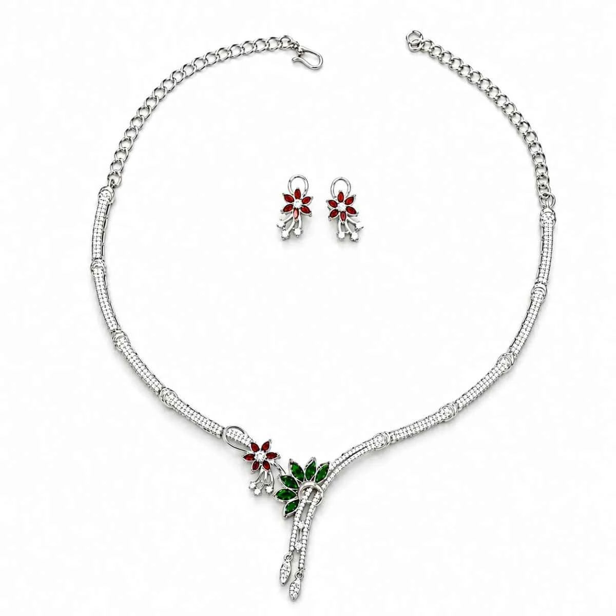925 silver floral necklace with red and green enamel drop and matching stud earrings