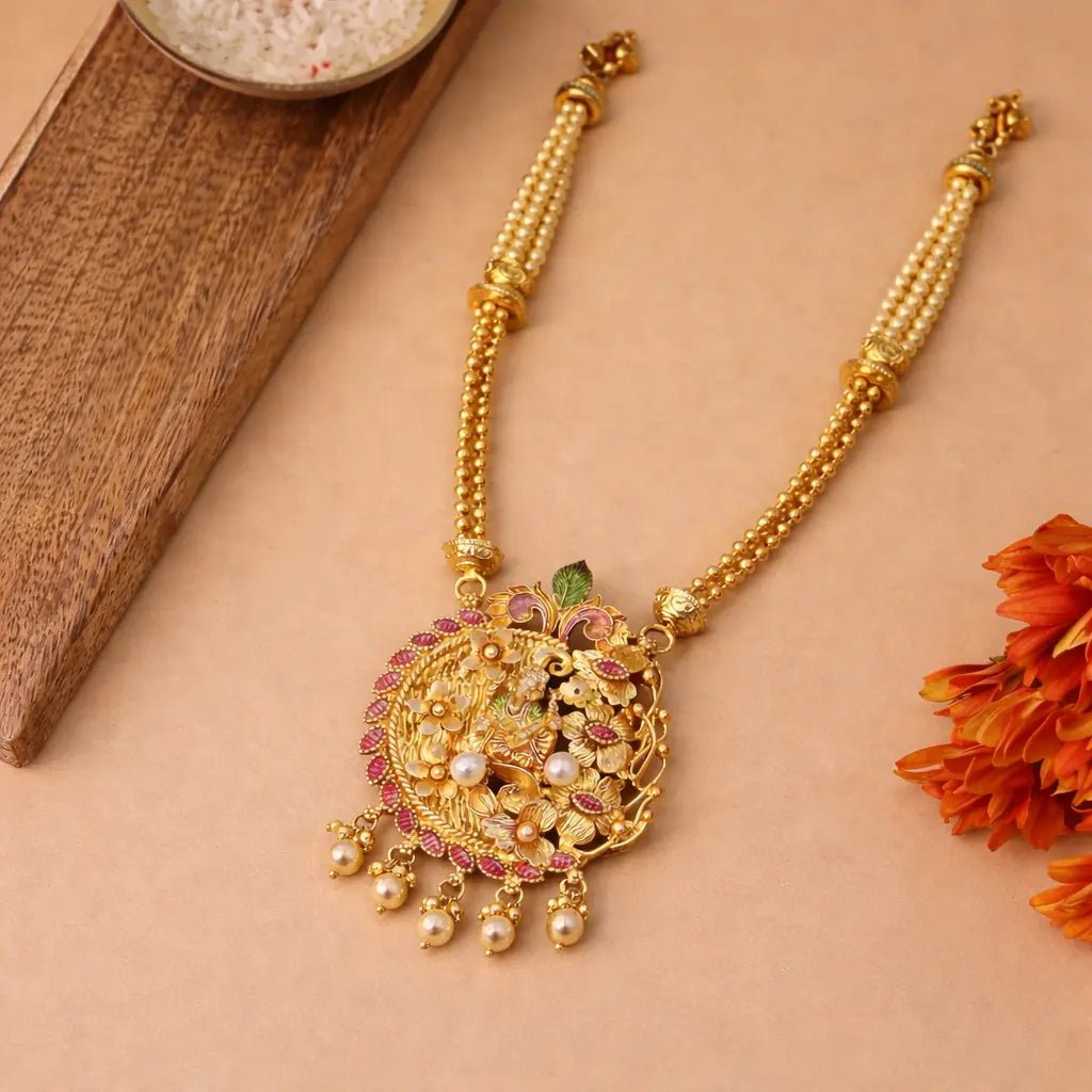 Floral Peacock Motif Gold - Plated Pendant Necklace - Silvorn India