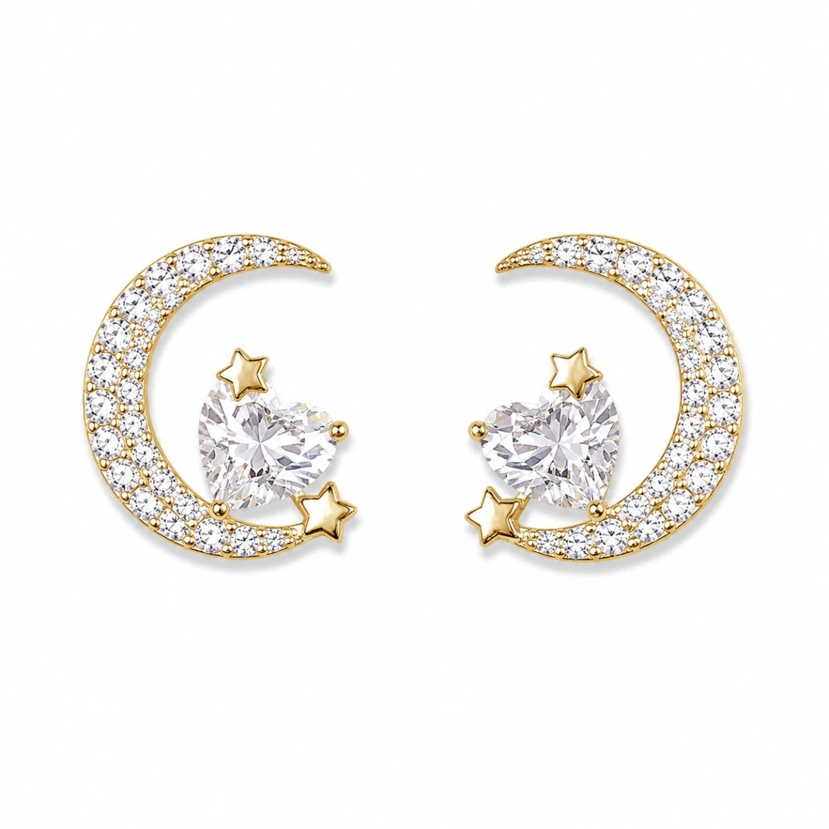Gold Crescent Moon and Star Crystal Studs - Silvorn India