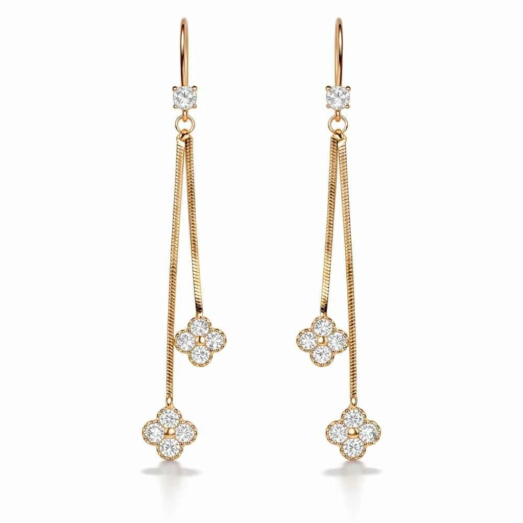 Golden Clover Dual Chain Drop Earrings