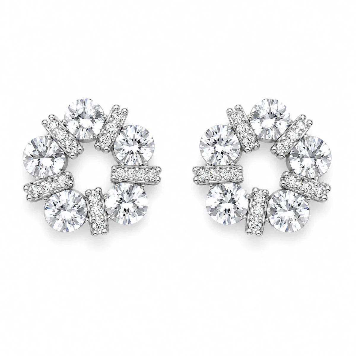 Silver halo circle bar stud earrings with round crystal stones, prong-set.