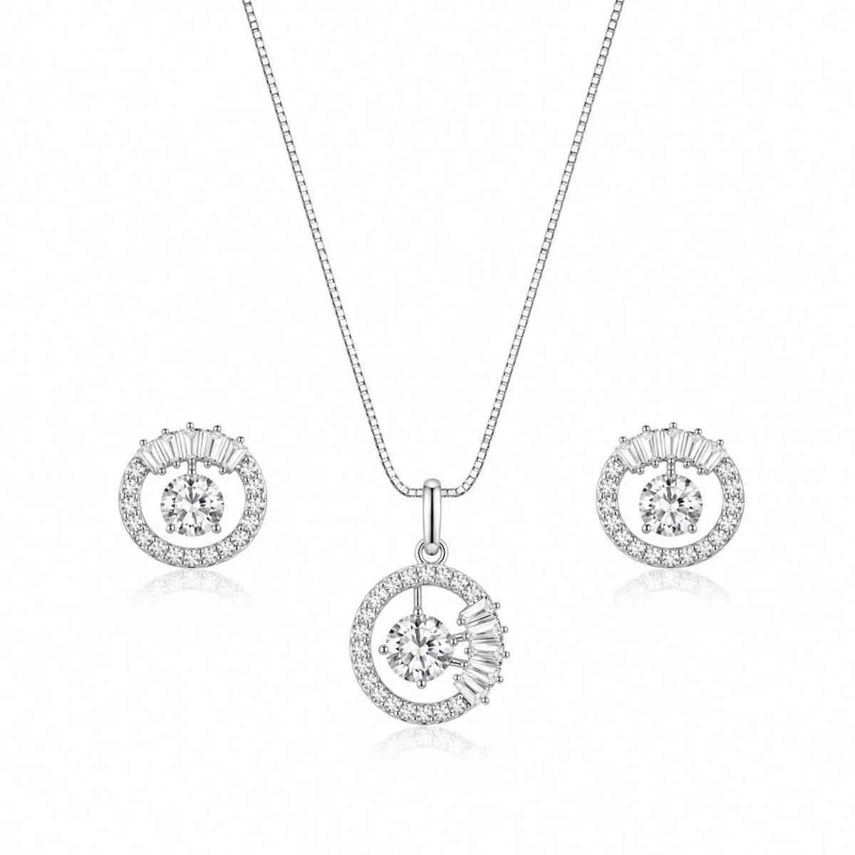 925 silver halo crystal pendant with round halo design and matching stud earrings