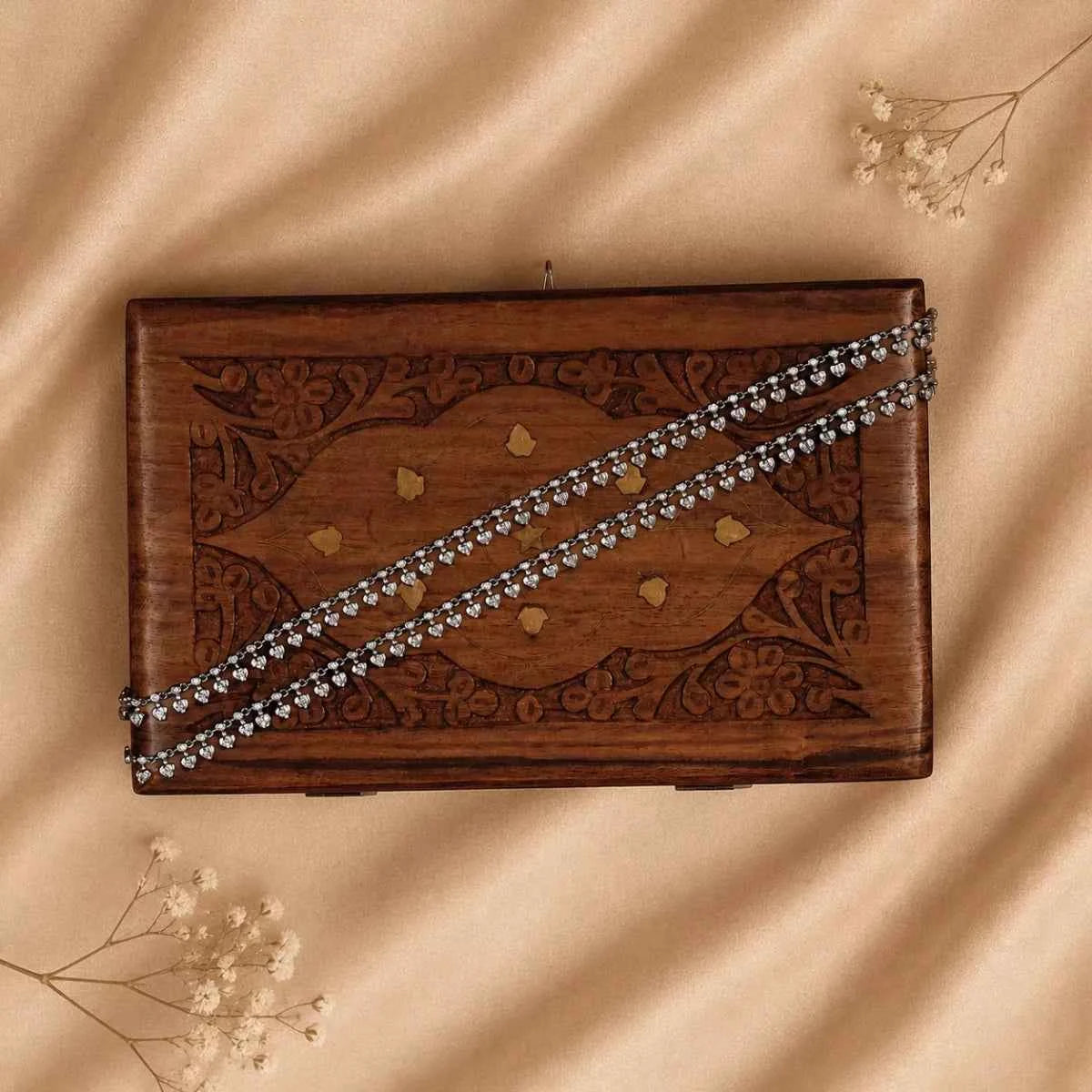 925 silver chain anklet with heart blossom charms, sparkly stone accents