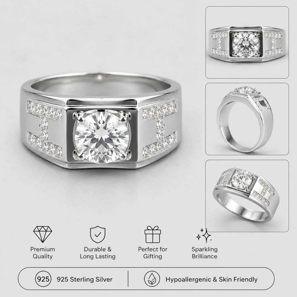 925 silver ring with large square center stone and side sparkle stones