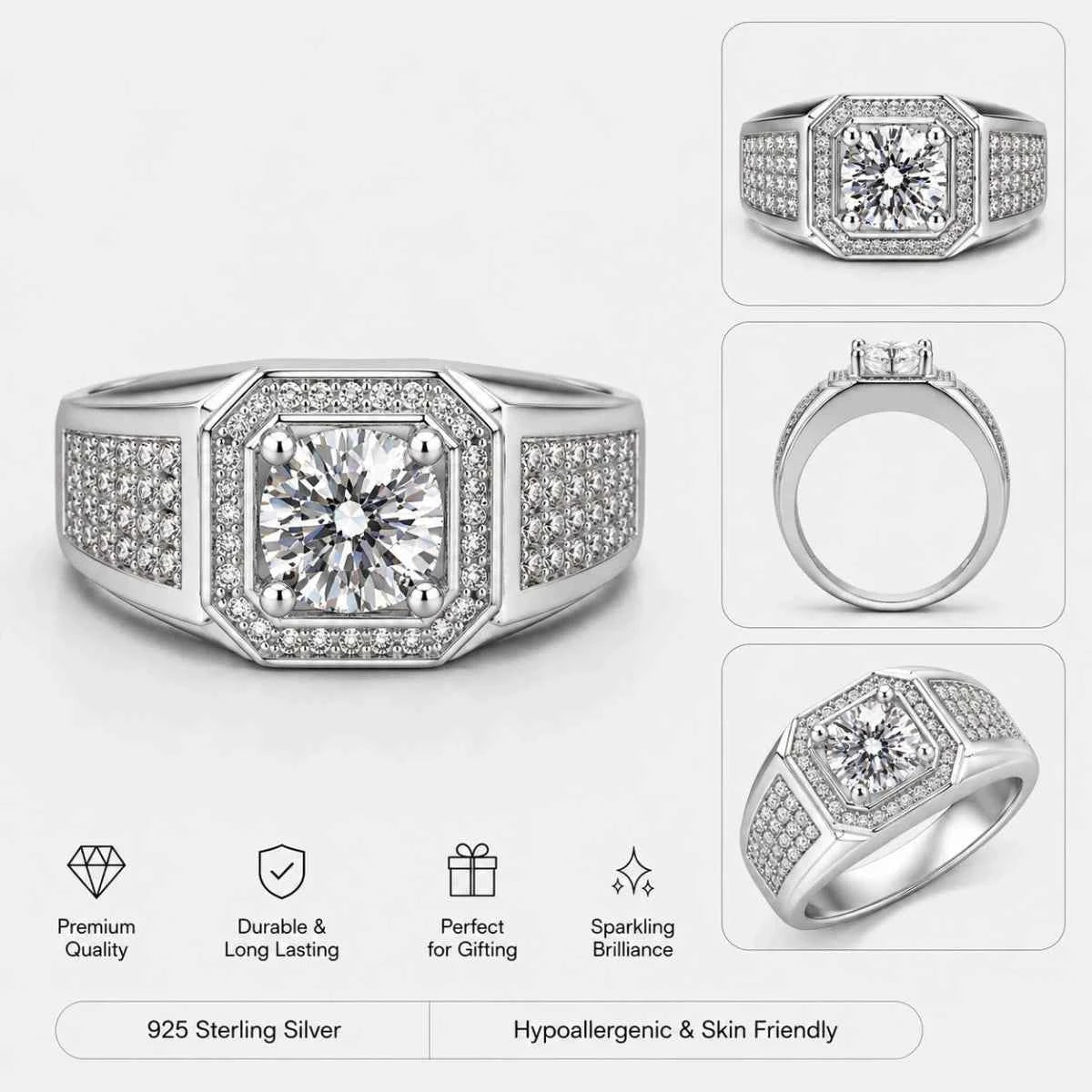 925 sterling silver ring with octagonal halo, pavé details, and round center gemstone