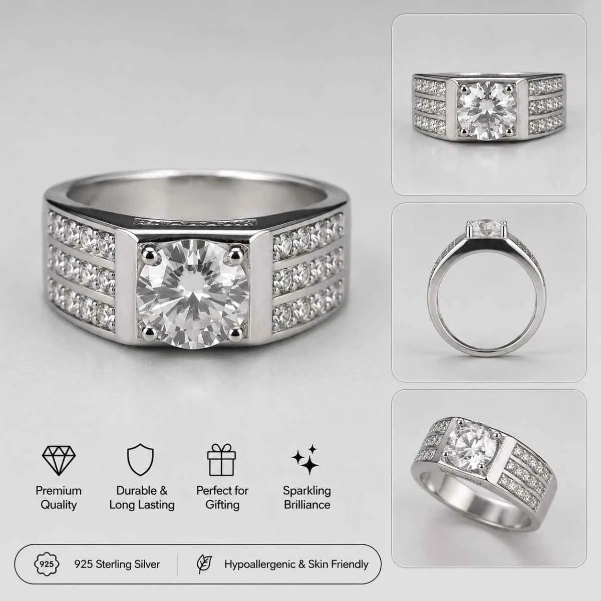 Silver 925 ring with square center stone, shown from front, top, and side angles