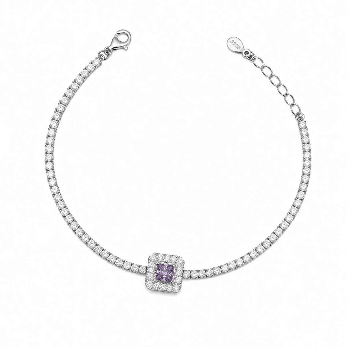 925 silver bracelet with round pavé links and lavender square charm, lobster clasp