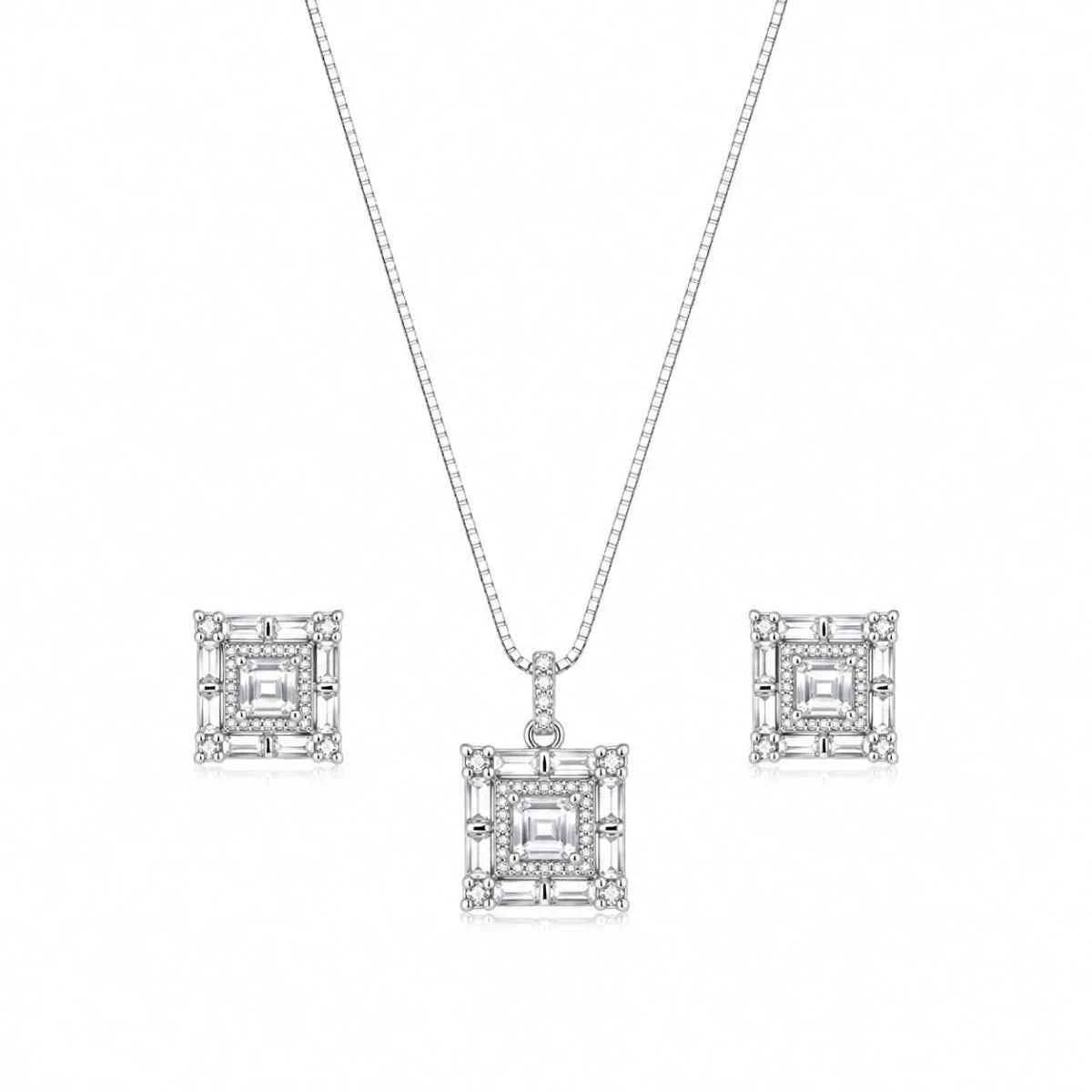 Asscher-cut crystal pendant set, three square pendants with 925 silver chains