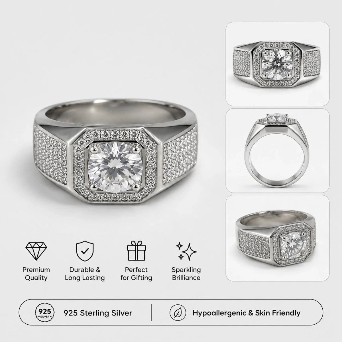 Men’s 925 Sterling Silver Octagon Halo Statement Ring - Silvorn India