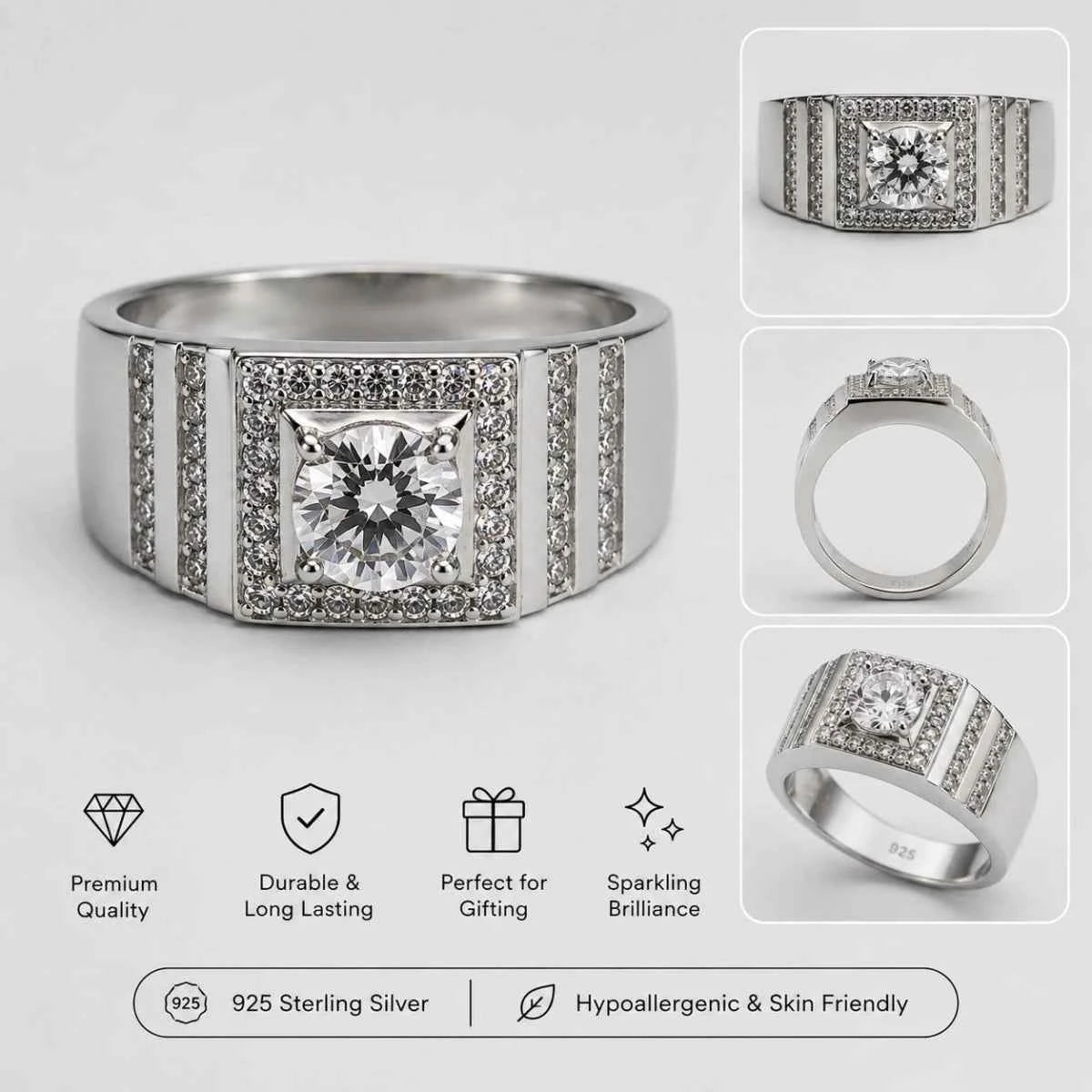 Sterling silver square halo statement ring with square center setting and pavé borders