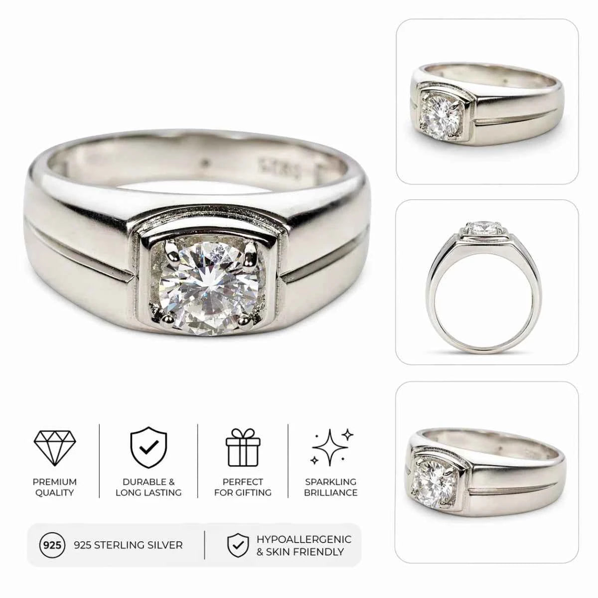 Men’s Classic Solitaire Silver Ring with Round - Cut Stone - Silvorn India