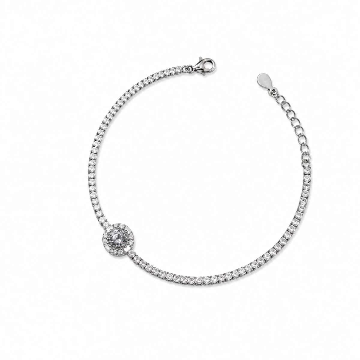 Silver 925 bracelet with pavé halo centerpiece and small link chain clasp