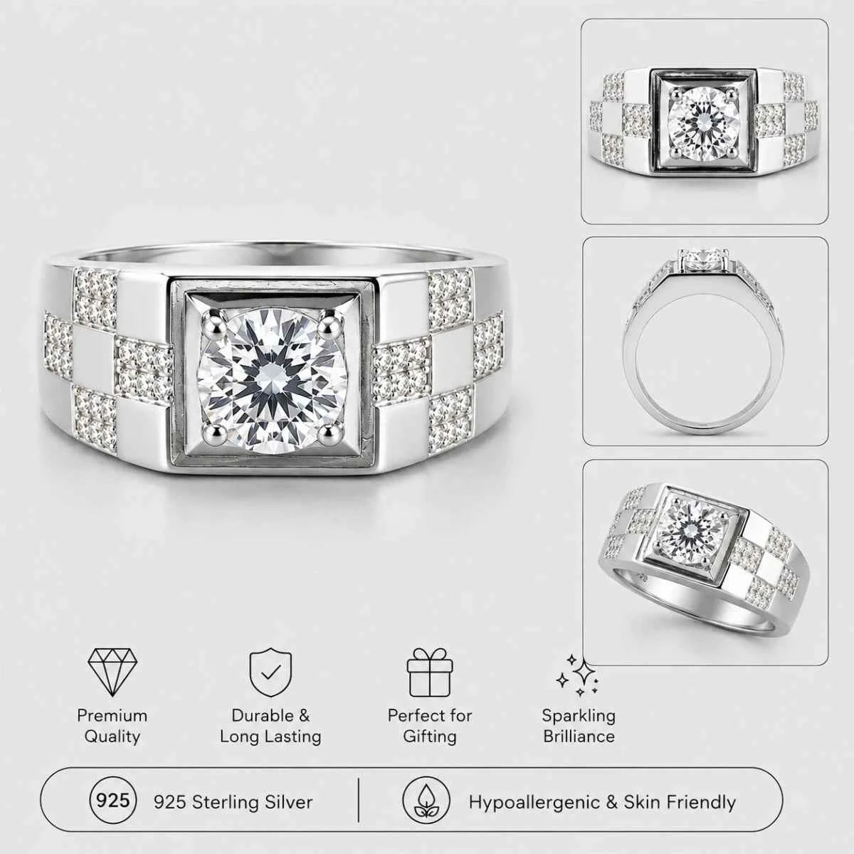 Square-stone silver ring with checkered pavé band, 925 sterling silver