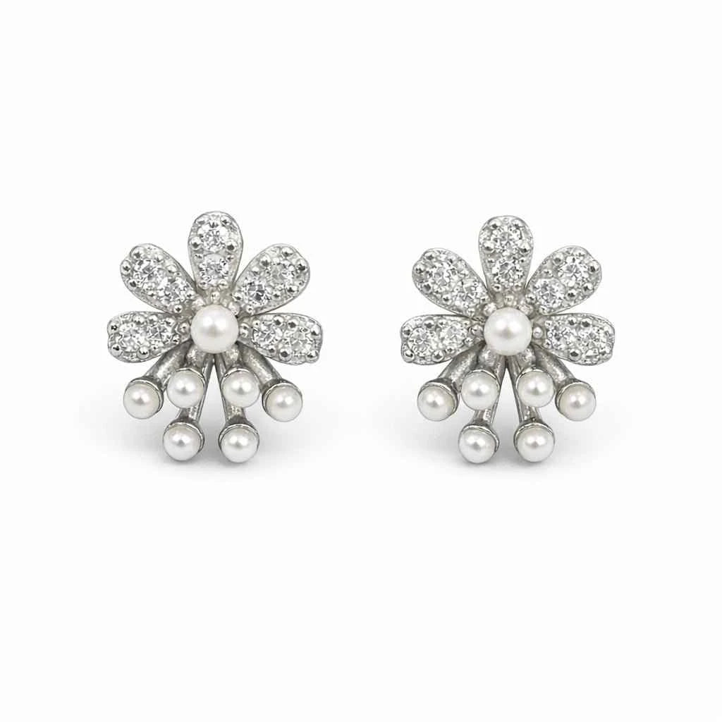 Pave Diamond-Style Flower & Pearl Spray Stud Earrings – Floral Clusters with Pearl Dangles