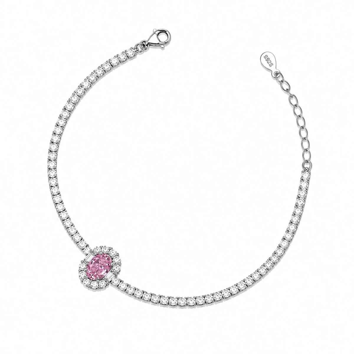 925 silver bracelet featuring pink oval solitaire centerpiece with pavé link stones