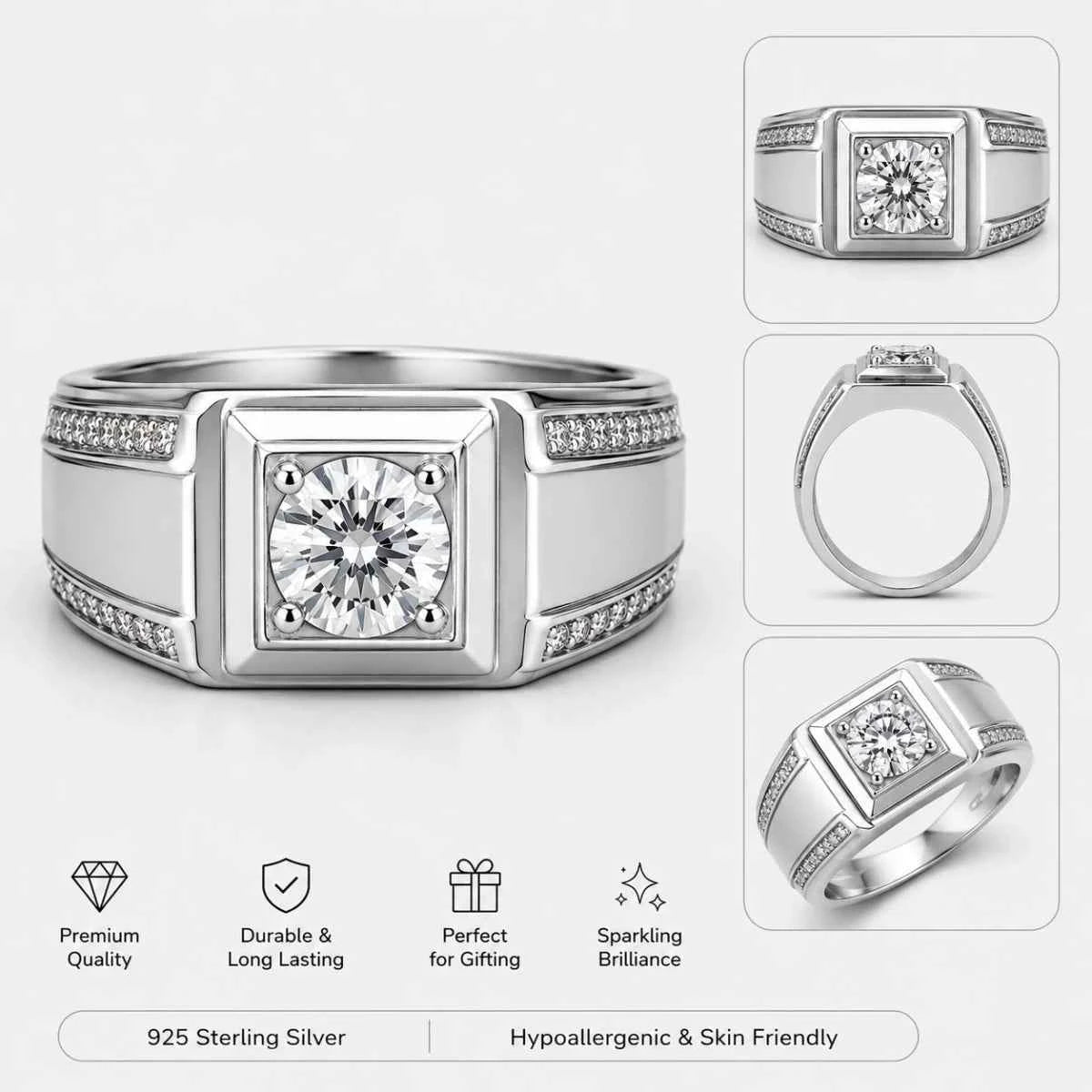 Sterling silver square-set ring with central gem and pave stones on bezel