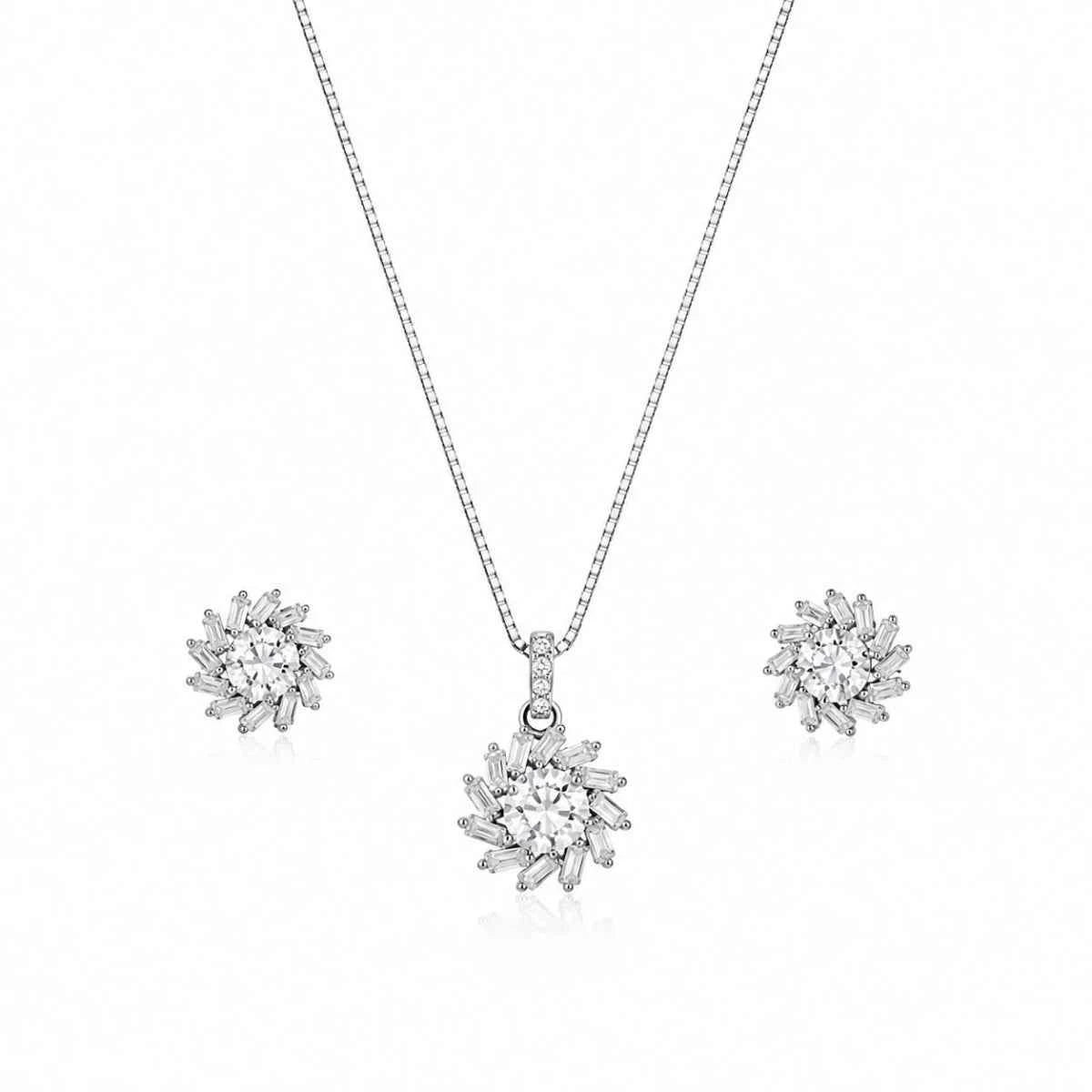 925 silver radiant bloom pendant necklace set with matching stud earrings, sparkling flower motifs.