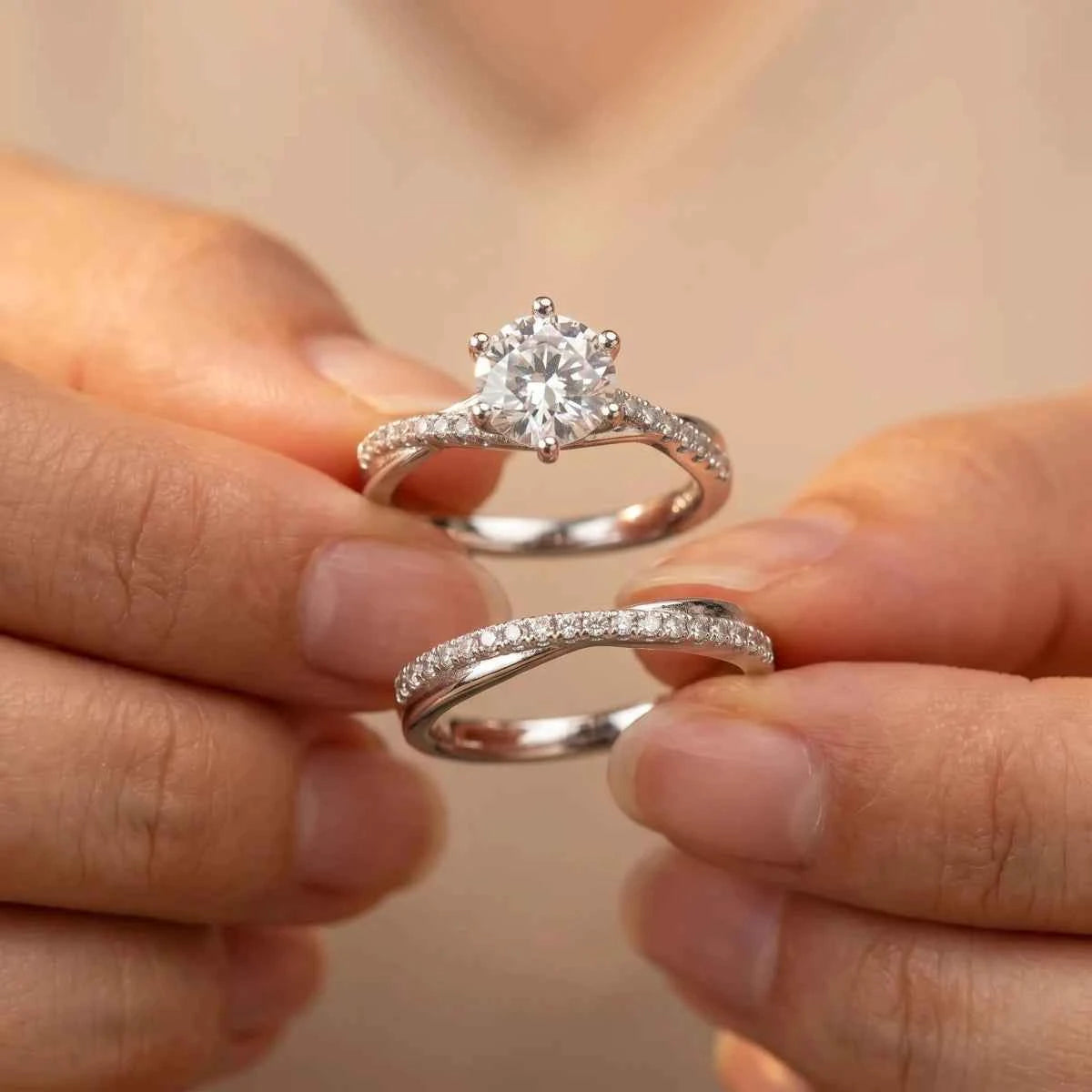 Radiant Silver Zirconia Bridal Ring Set with Curved Stack Band - Silvorn India
