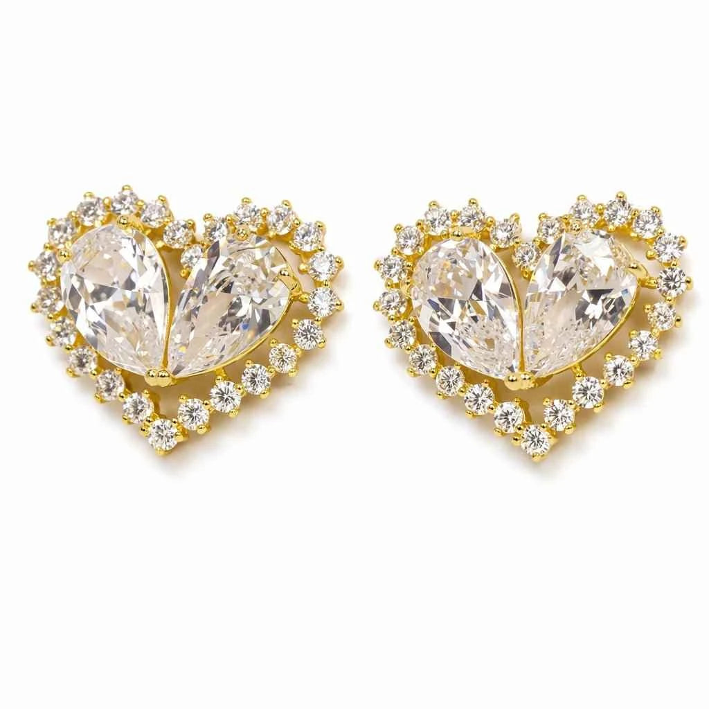 Radiant Twin Heart Zircon Gold Stud Earrings