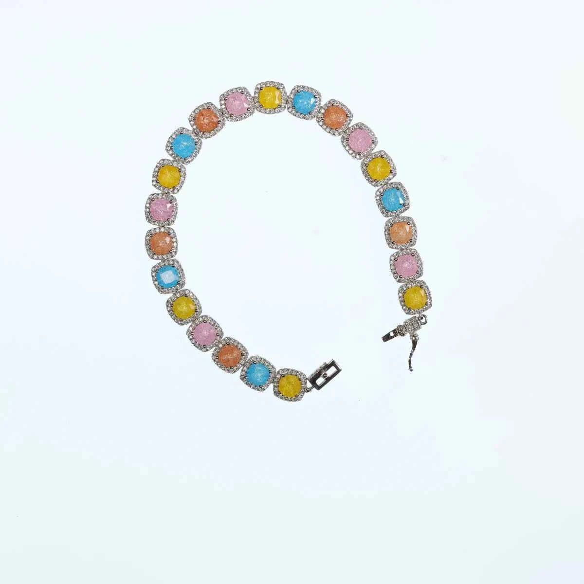 Rainbow square halo statement bracelet with 925 silver clasp, multicolor gemstone circles