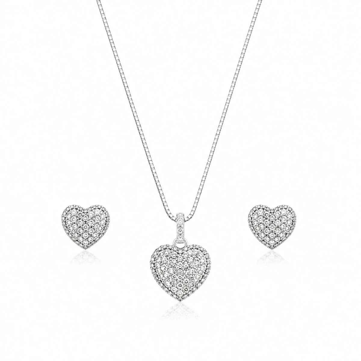 Silver crystal heart necklace with two-layer double-heart pendant charms on chain
