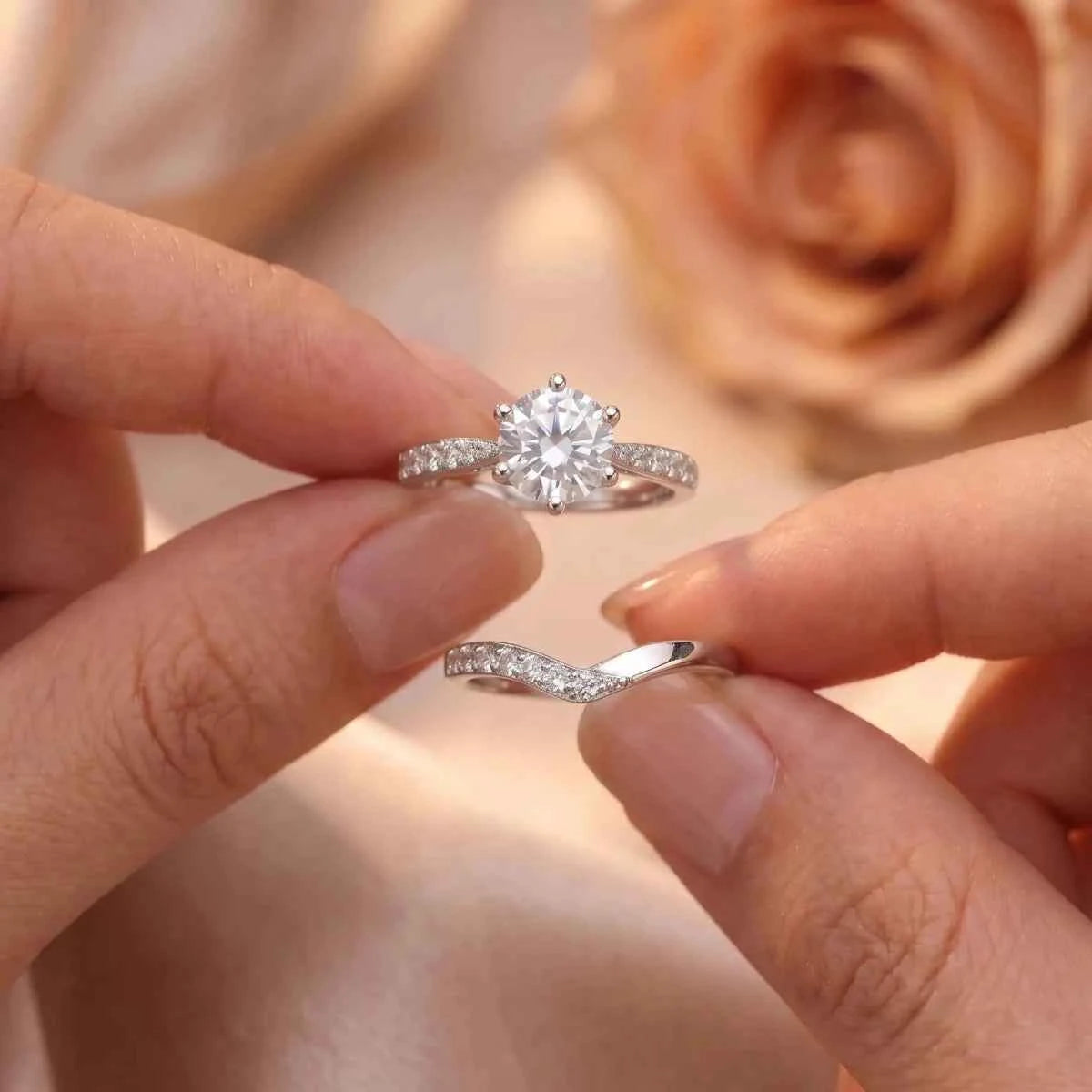 Round Cut Solitaire Sterling Silver Ring Set with Curved Pave Band - Silvorn India