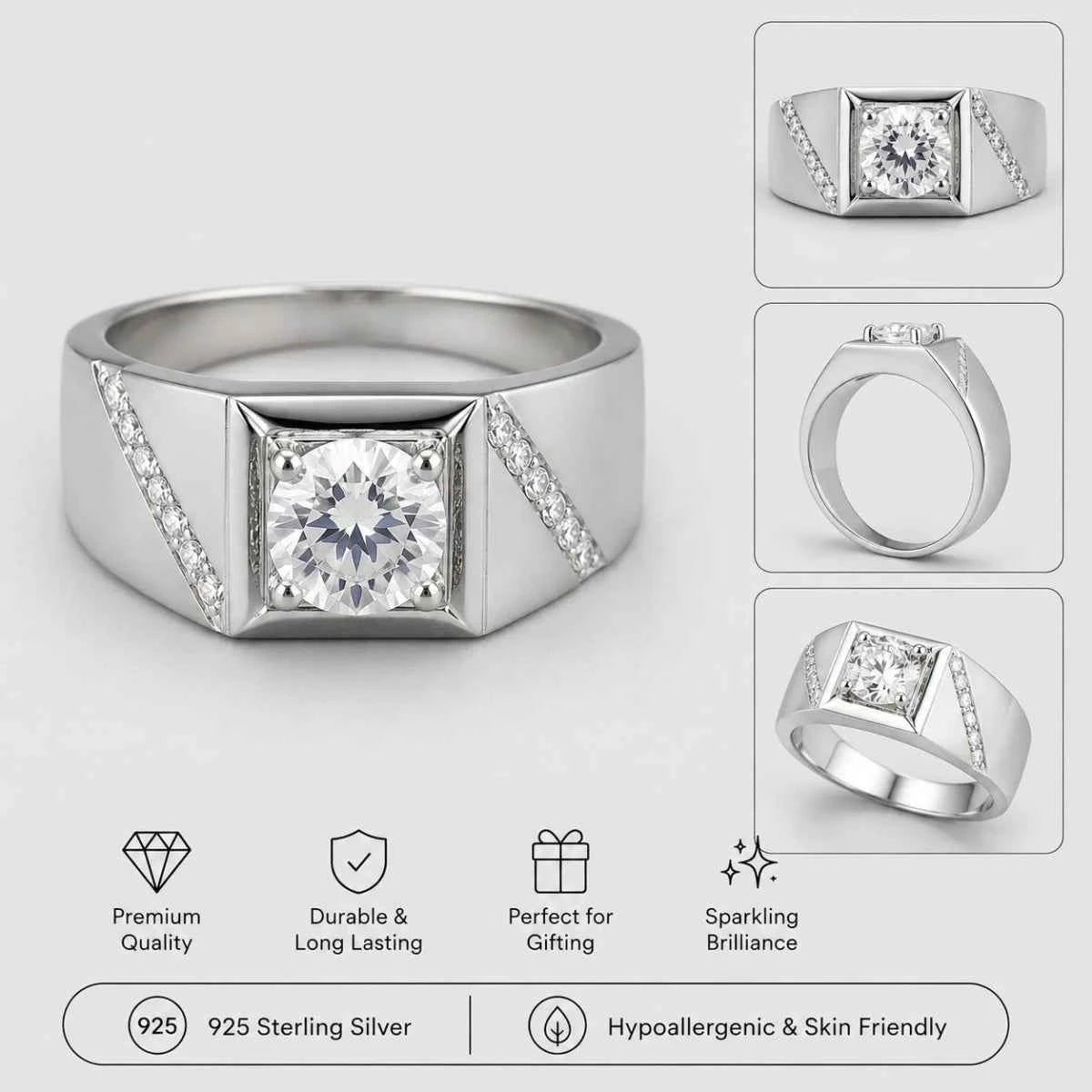 Sterling silver crest ring with square center stone and prong-set side stones