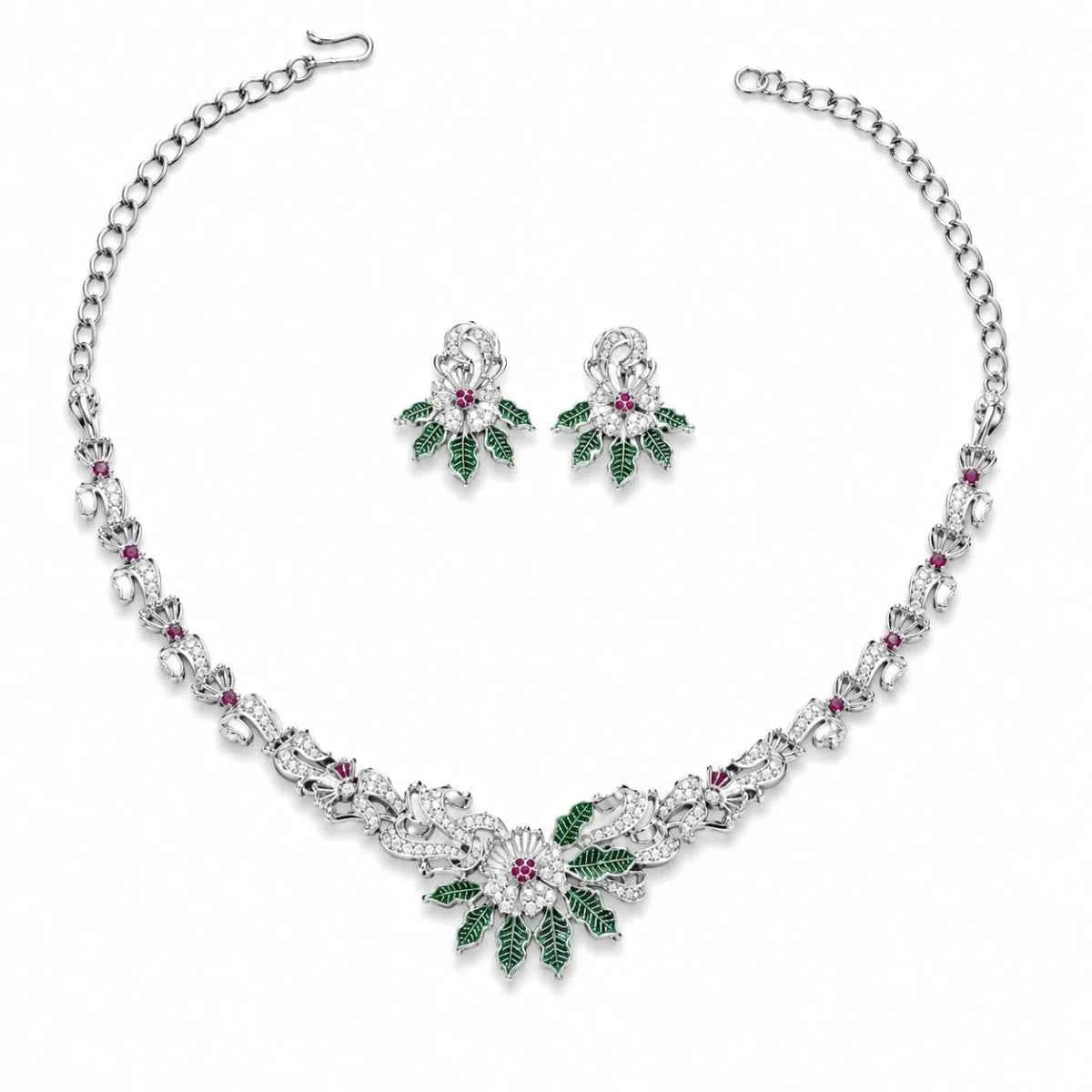 Floral 925 silver necklace and stud earrings with green enamel and pink accents